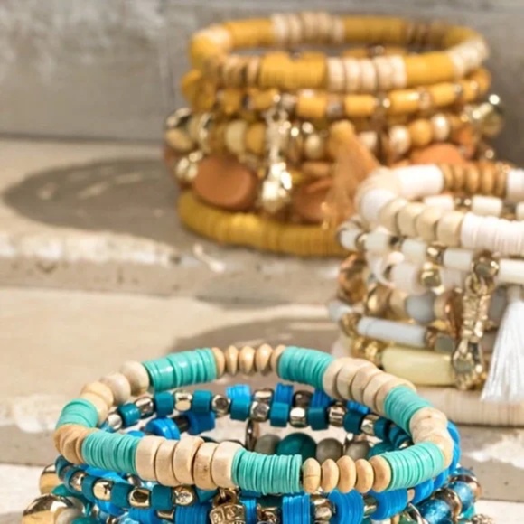 SOLD OUT Multi Layer Mustard Charm Beaded Wood Metal Gold Bead Stretch Bracelet - Picture 2 of 3